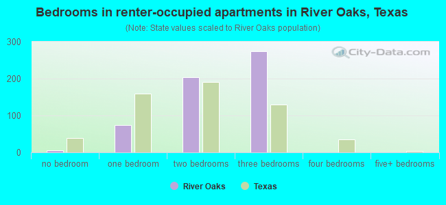 Bedrooms in renter-occupied apartments in River Oaks, Texas