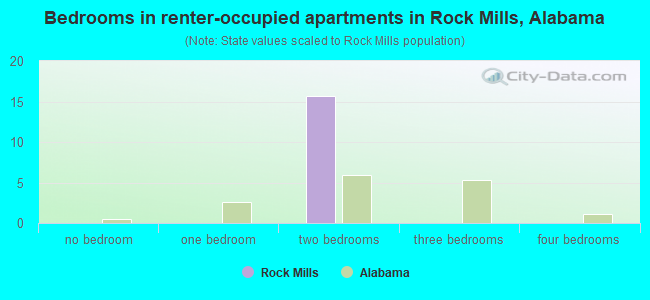 Bedrooms in renter-occupied apartments in Rock Mills, Alabama