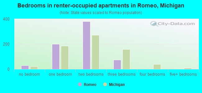 Bedrooms in renter-occupied apartments in Romeo, Michigan