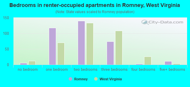 Bedrooms in renter-occupied apartments in Romney, West Virginia