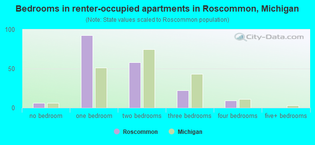 Bedrooms in renter-occupied apartments in Roscommon, Michigan