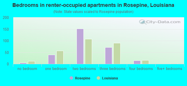 Bedrooms in renter-occupied apartments in Rosepine, Louisiana
