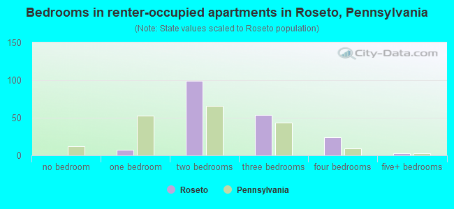 Bedrooms in renter-occupied apartments in Roseto, Pennsylvania