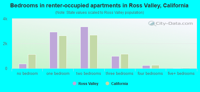 Bedrooms in renter-occupied apartments in Ross Valley, California