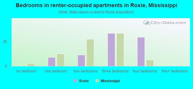 Bedrooms in renter-occupied apartments in Roxie, Mississippi