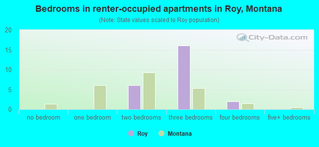 Bedrooms in renter-occupied apartments in Roy, Montana
