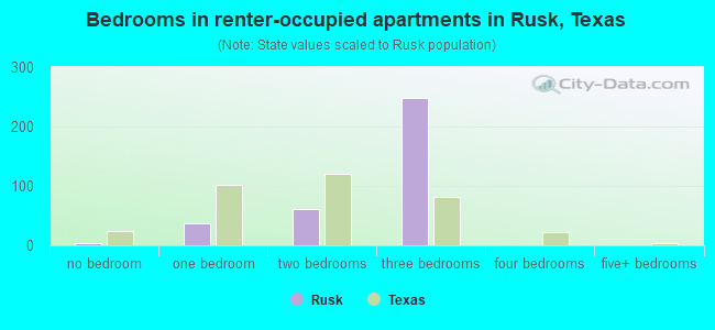 Bedrooms in renter-occupied apartments in Rusk, Texas