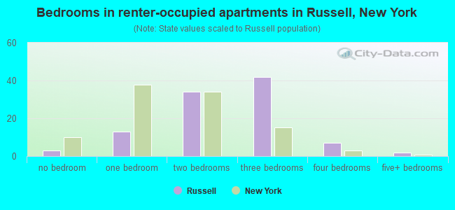 Bedrooms in renter-occupied apartments in Russell, New York