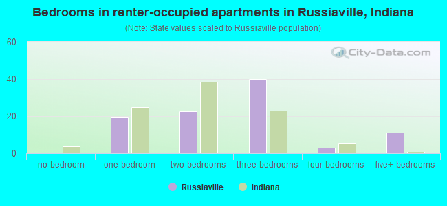 Bedrooms in renter-occupied apartments in Russiaville, Indiana