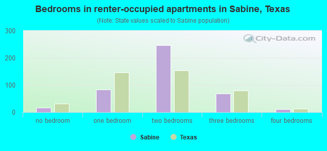 Bedrooms in renter-occupied apartments in Sabine, Texas