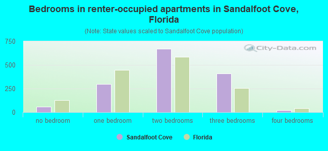 Bedrooms in renter-occupied apartments in Sandalfoot Cove, Florida