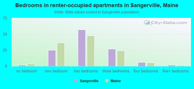 Bedrooms in renter-occupied apartments in Sangerville, Maine