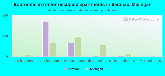 Bedrooms in renter-occupied apartments in Saranac, Michigan