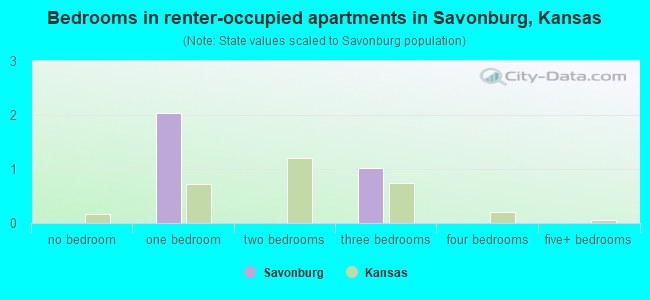 Bedrooms in renter-occupied apartments in Savonburg, Kansas