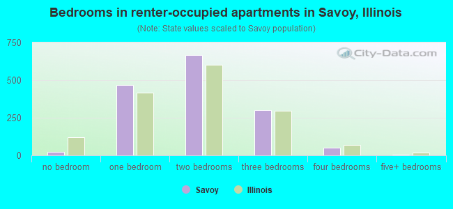 Bedrooms in renter-occupied apartments in Savoy, Illinois
