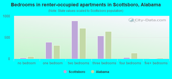 Bedrooms in renter-occupied apartments in Scottsboro, Alabama