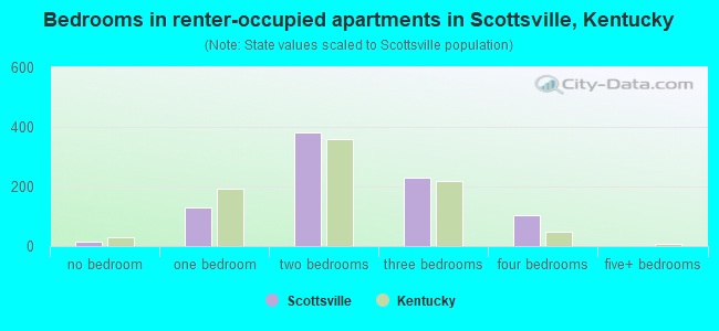 Bedrooms in renter-occupied apartments in Scottsville, Kentucky