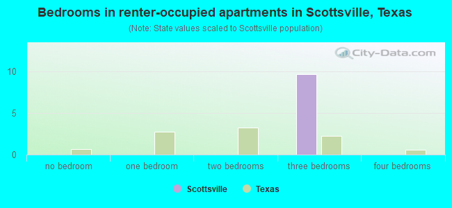 Bedrooms in renter-occupied apartments in Scottsville, Texas