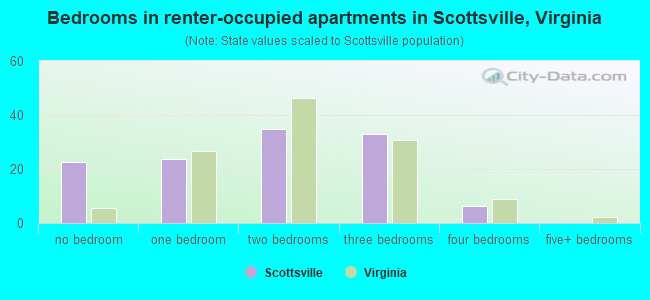Bedrooms in renter-occupied apartments in Scottsville, Virginia