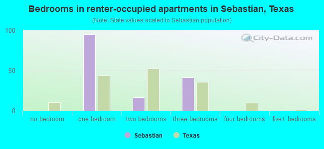 Bedrooms in renter-occupied apartments in Sebastian, Texas