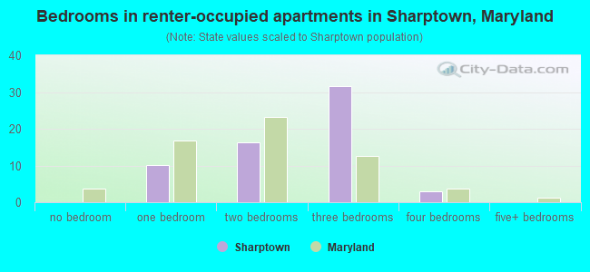 Bedrooms in renter-occupied apartments in Sharptown, Maryland