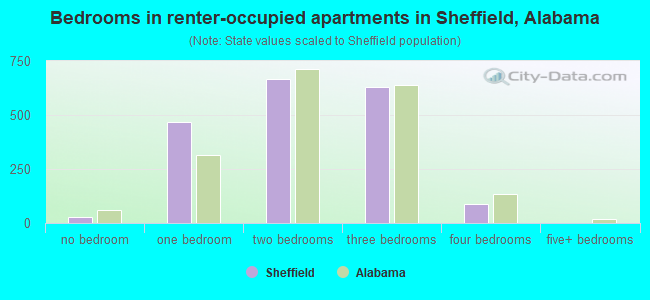Bedrooms in renter-occupied apartments in Sheffield, Alabama