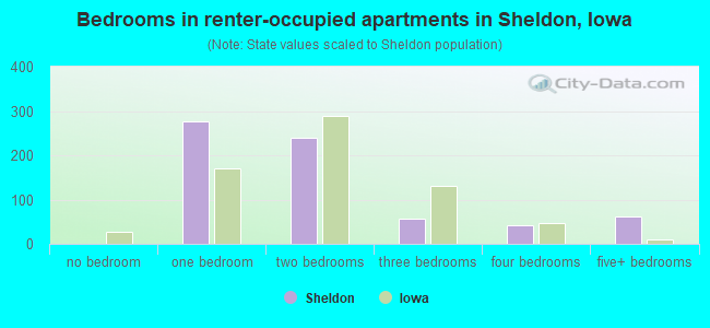Bedrooms in renter-occupied apartments in Sheldon, Iowa