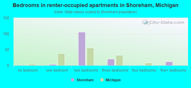 Bedrooms in renter-occupied apartments in Shoreham, Michigan
