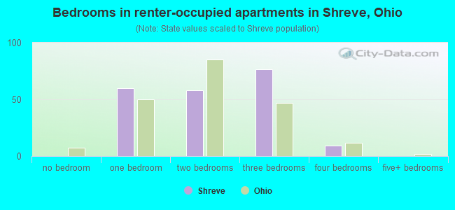 Bedrooms in renter-occupied apartments in Shreve, Ohio