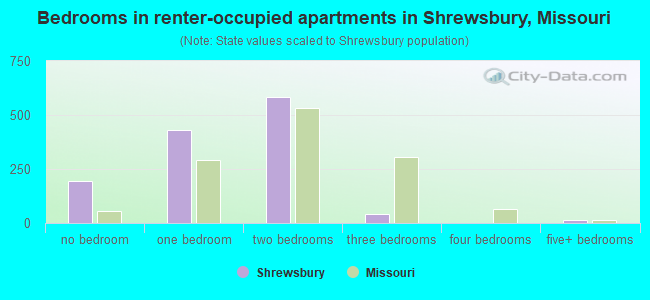 Bedrooms in renter-occupied apartments in Shrewsbury, Missouri