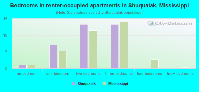 Bedrooms in renter-occupied apartments in Shuqualak, Mississippi