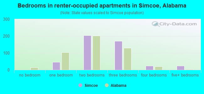 Bedrooms in renter-occupied apartments in Simcoe, Alabama