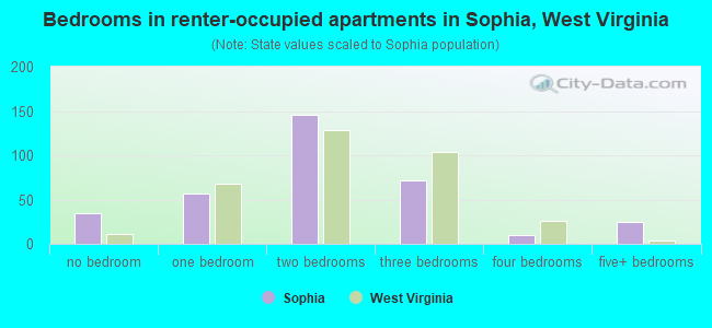 Bedrooms in renter-occupied apartments in Sophia, West Virginia