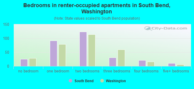 Bedrooms in renter-occupied apartments in South Bend, Washington