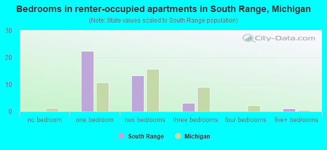 Bedrooms in renter-occupied apartments in South Range, Michigan