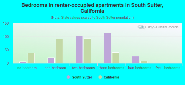 Bedrooms in renter-occupied apartments in South Sutter, California