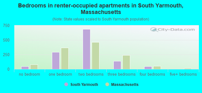 Bedrooms in renter-occupied apartments in South Yarmouth, Massachusetts