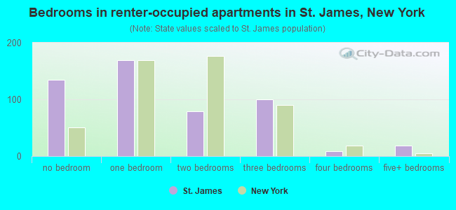 Bedrooms in renter-occupied apartments in St. James, New York