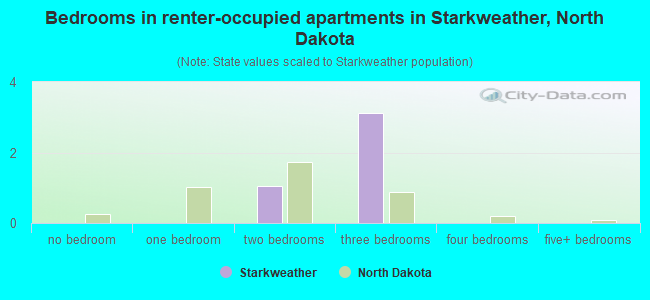 Bedrooms in renter-occupied apartments in Starkweather, North Dakota