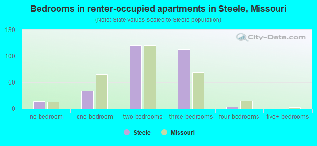 Bedrooms in renter-occupied apartments in Steele, Missouri