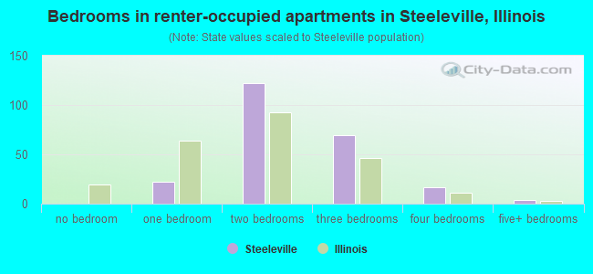 Bedrooms in renter-occupied apartments in Steeleville, Illinois