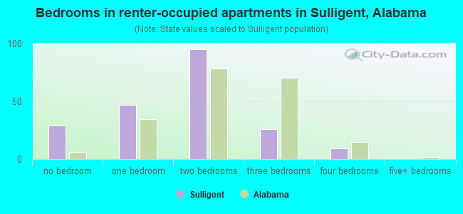 Bedrooms in renter-occupied apartments in Sulligent, Alabama