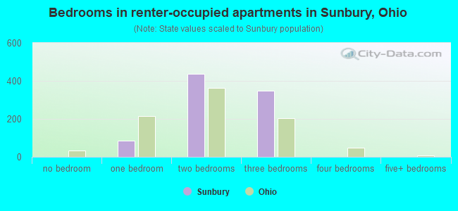 Bedrooms in renter-occupied apartments in Sunbury, Ohio