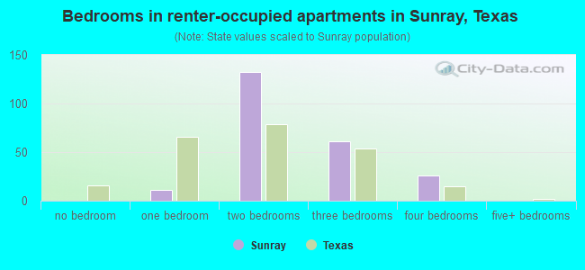 Bedrooms in renter-occupied apartments in Sunray, Texas