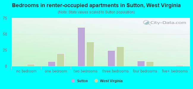 Bedrooms in renter-occupied apartments in Sutton, West Virginia