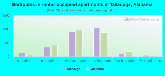 Bedrooms in renter-occupied apartments in Talladega, Alabama