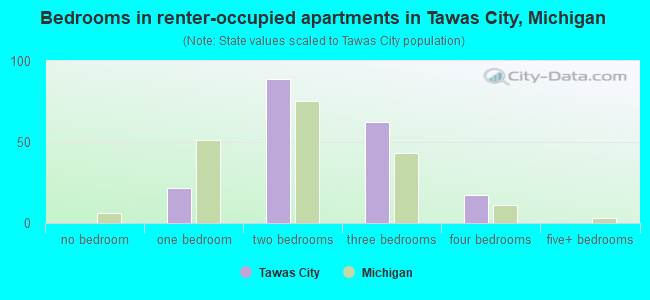 Bedrooms in renter-occupied apartments in Tawas City, Michigan