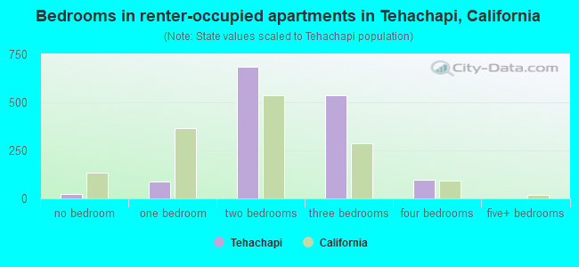 Bedrooms in renter-occupied apartments in Tehachapi, California