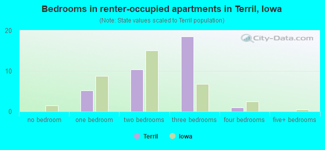 Bedrooms in renter-occupied apartments in Terril, Iowa