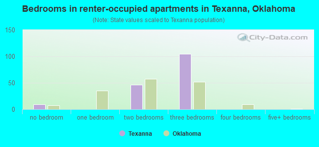 Bedrooms in renter-occupied apartments in Texanna, Oklahoma